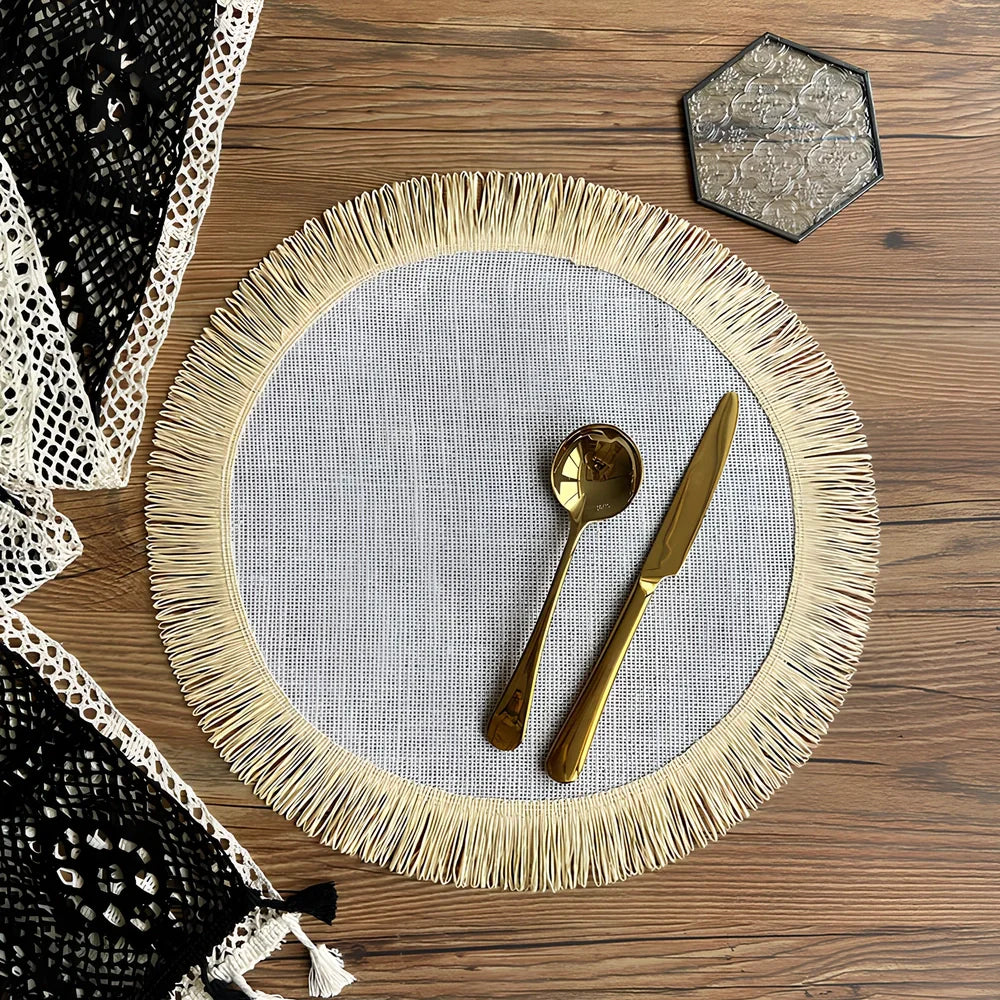 Round handwoven jute placemat with decorative tassels measuring 30cm diameter in Christmas green colour