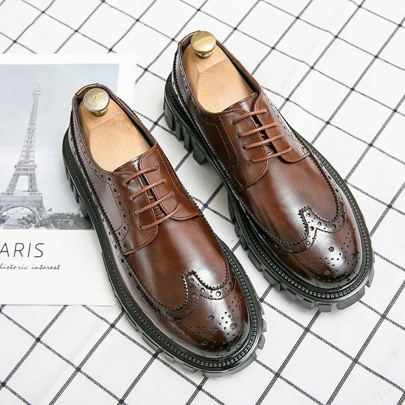Men's black and brown artificial PU brogue shoes with round toe on white background