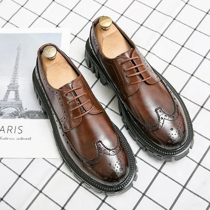 Men's black and brown artificial PU brogue shoes with round toe on white background