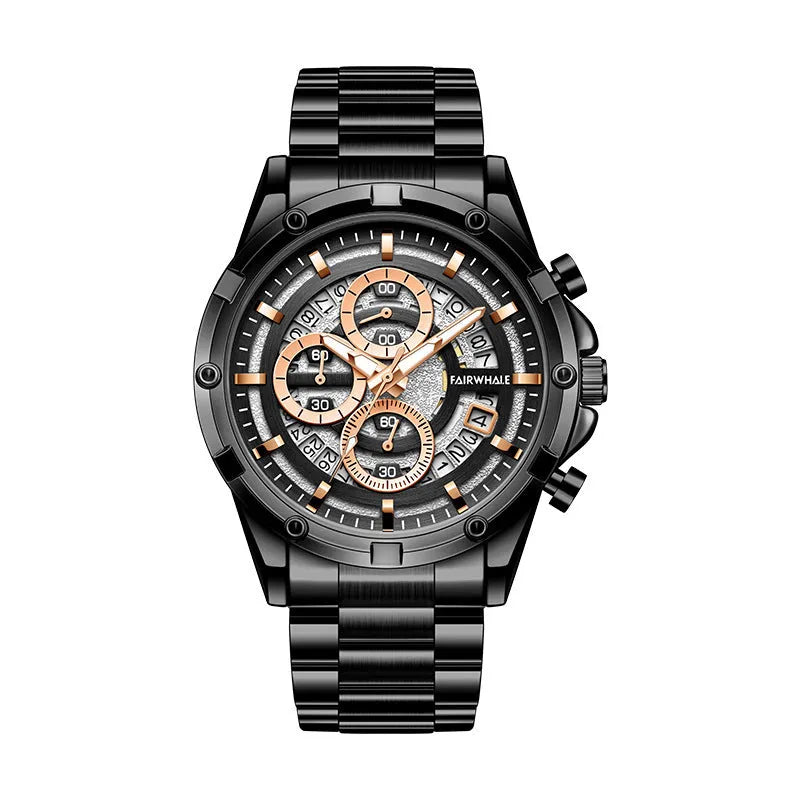 Men's waterproof luminous casual quartz watch with a steel belt, shown in black/blue, black/gold, and silver/white colour options.