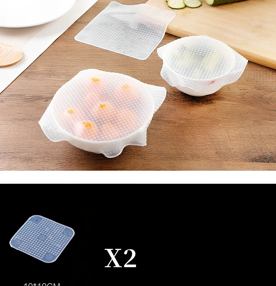 Reusable silicone stretch film covering bowl showing stretch capability and airtight seal
