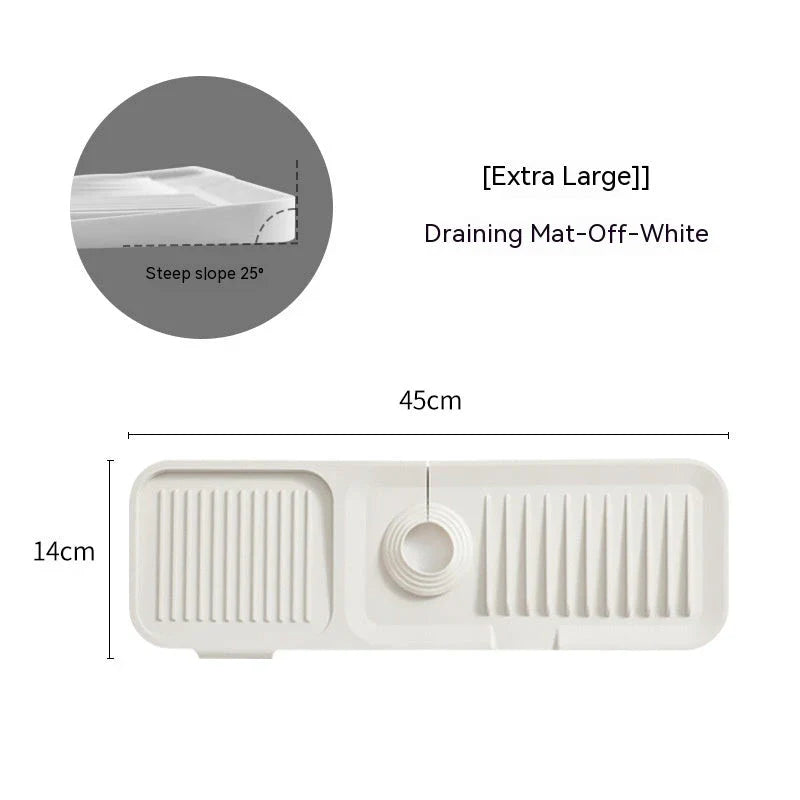 Silicone faucet splash guard in various colors and sizes, designed to prevent water drips and keep your kitchen or bathroom countertops clean and organized.