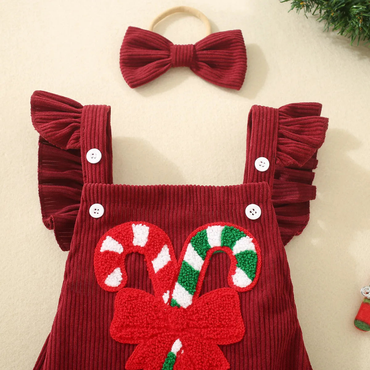 Red Christmas embroidered winged triangle romper for infants and toddlers, sleeveless cotton crawl suit, sizes 70cm to 100cm.