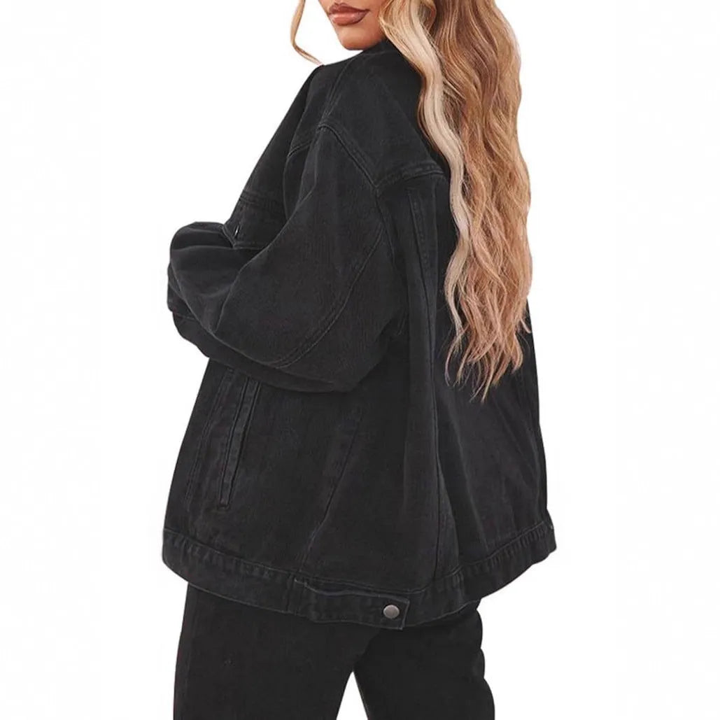 Women's black cotton denim jacket top with long sleeves and loose fit, sizes S to 2XL