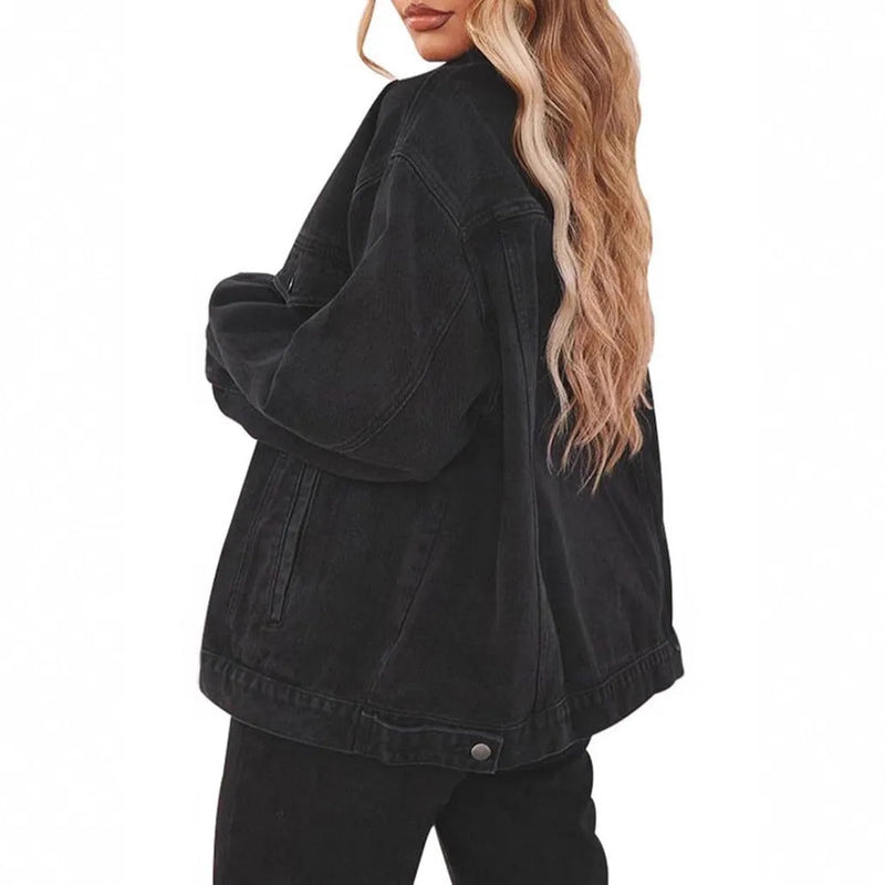 Fashion Denim Jacket Top for Women in Black Cotton Long Sleeve Loose Fit Sizes S M L XL 2XL Casual Layering Outerwear