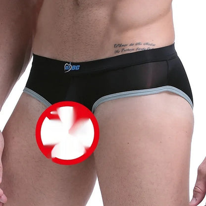 Men's ice silk bazooka briefs in mid waist design with bullet separation, available in multiple colours