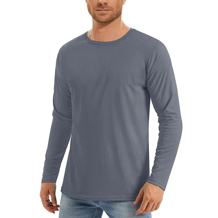 Men's long sleeve UV protection shirt in polyester fabric available in six solid colours with quick-dry properties