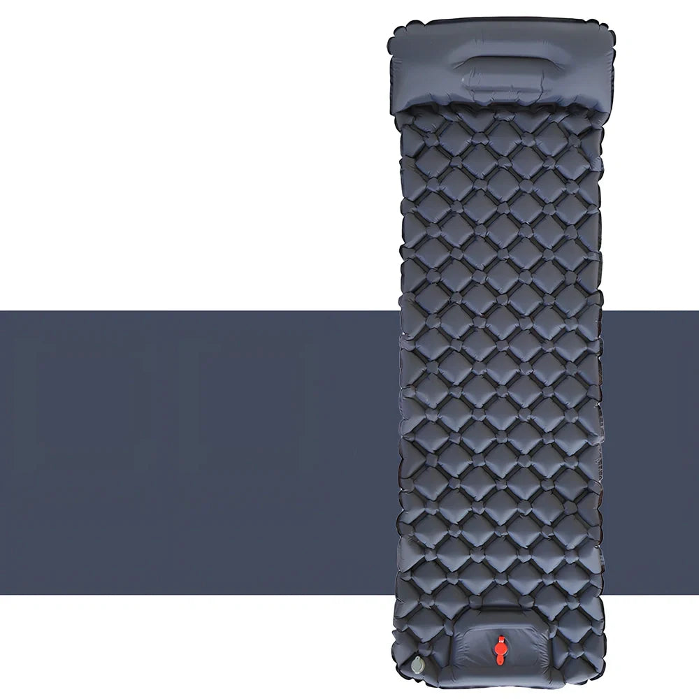 LT-88 navy blue inflatable sleeping pad showing 190cm length and integrated foot strap pillow design