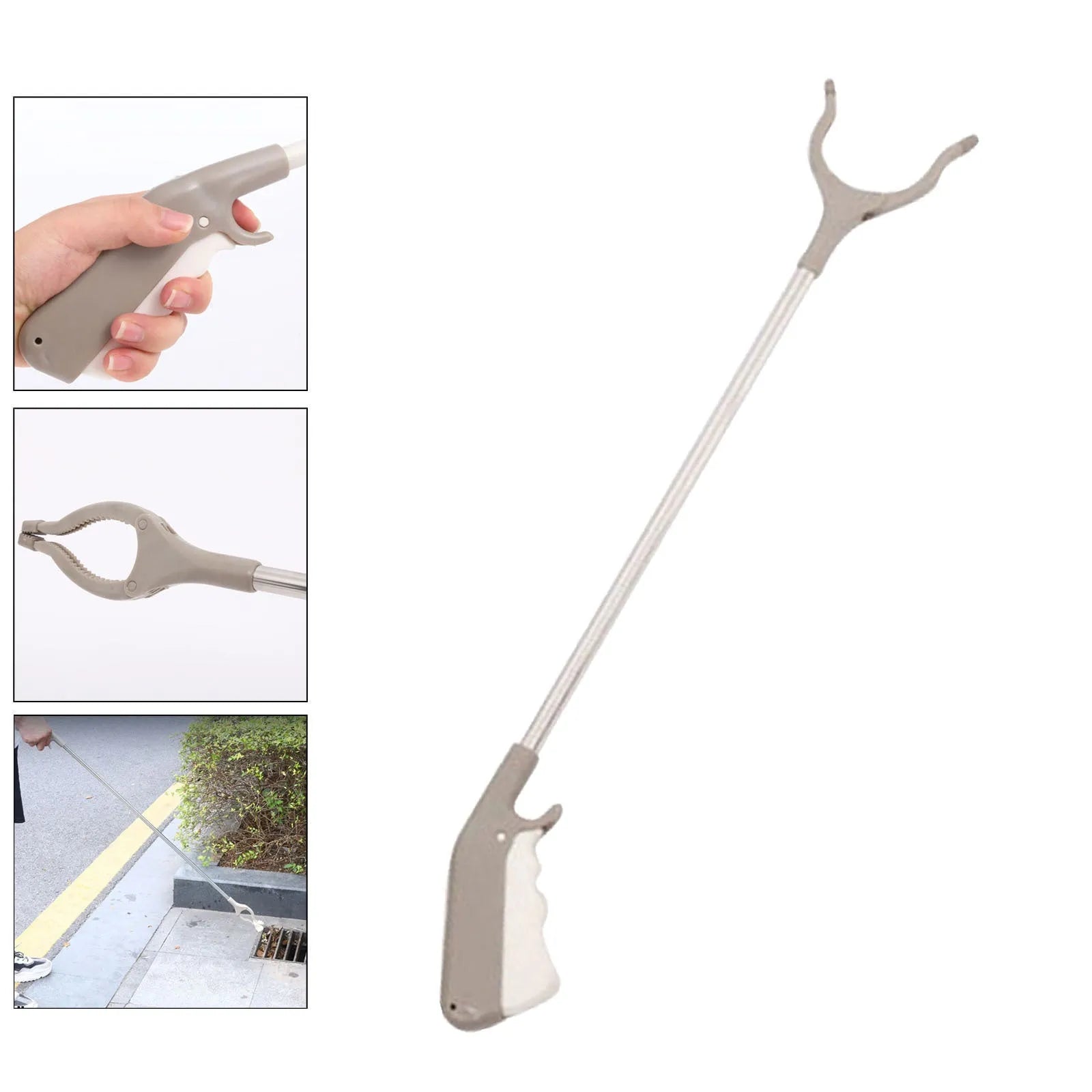 40cm stainless steel garbage picker with push-type handle and non-slip chuck for one-handed operation without bending
