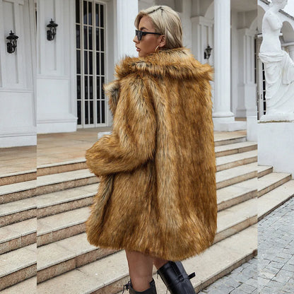 Yellow women's faux fur coat with 80cm length and loose fit for casual commute style