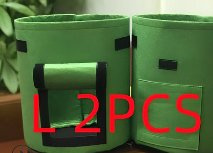 Black plant growth bag with side harvesting window and double handles for potato gardening