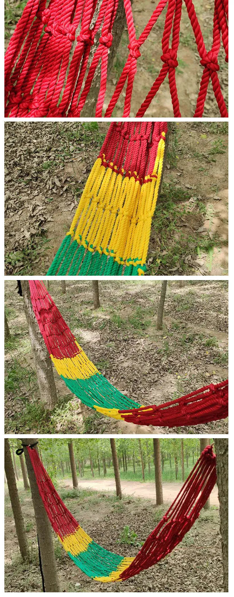 Outdoor nylon rope mesh hammock with tying strap shown in use