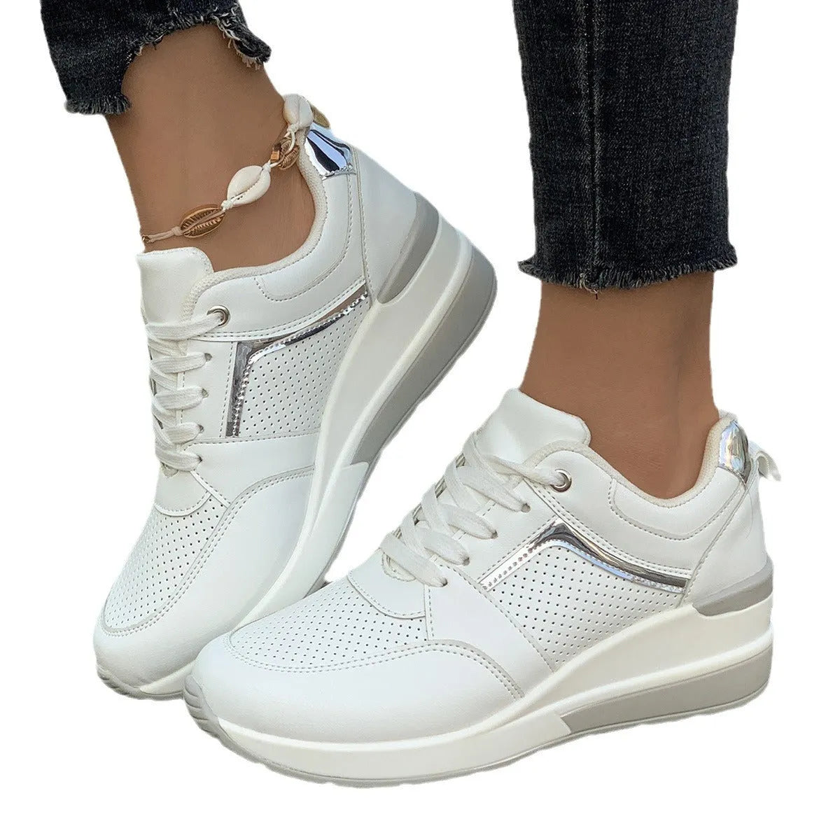 Women's white PU leather wedge platform sports shoes with front lace-up closure.