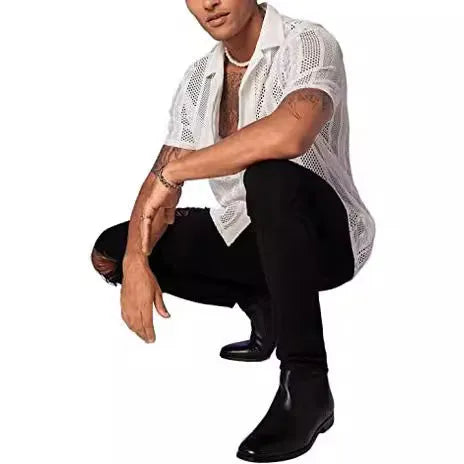 Men's white knitted short-sleeve shirt with button front and jacquard texture
