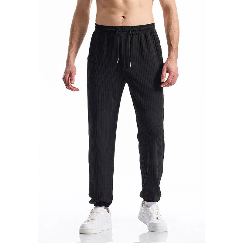 Silky rib fabric baggy straight trousers with drawstring waistband in black, white or khaki colours