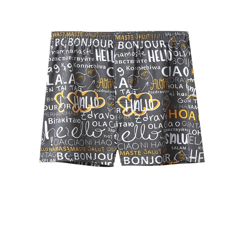 Men's cotton boxer shorts with graphic patterns including character designs and floral motifs