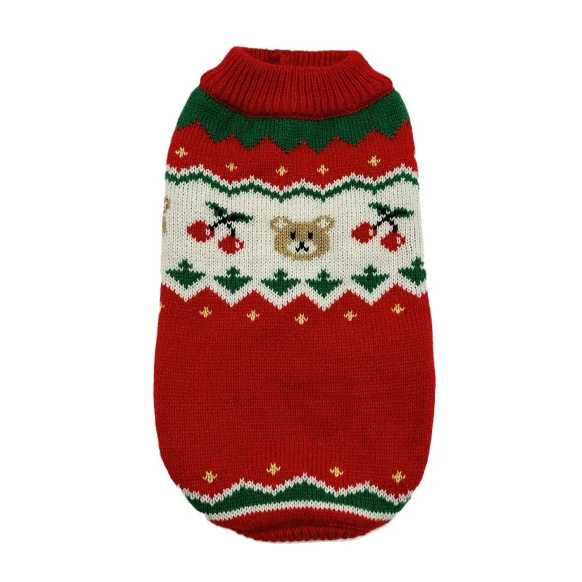 Red Christmas cherry pattern pet sweater for small to medium dogs and cats on mannequin