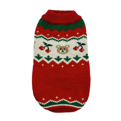 Red Christmas cherry pattern pet sweater for small to medium dogs and cats on mannequin