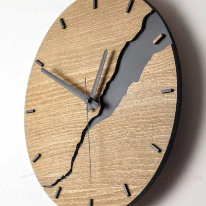 Modern wooden wall clock with crack finish surface in circular design showing time markers