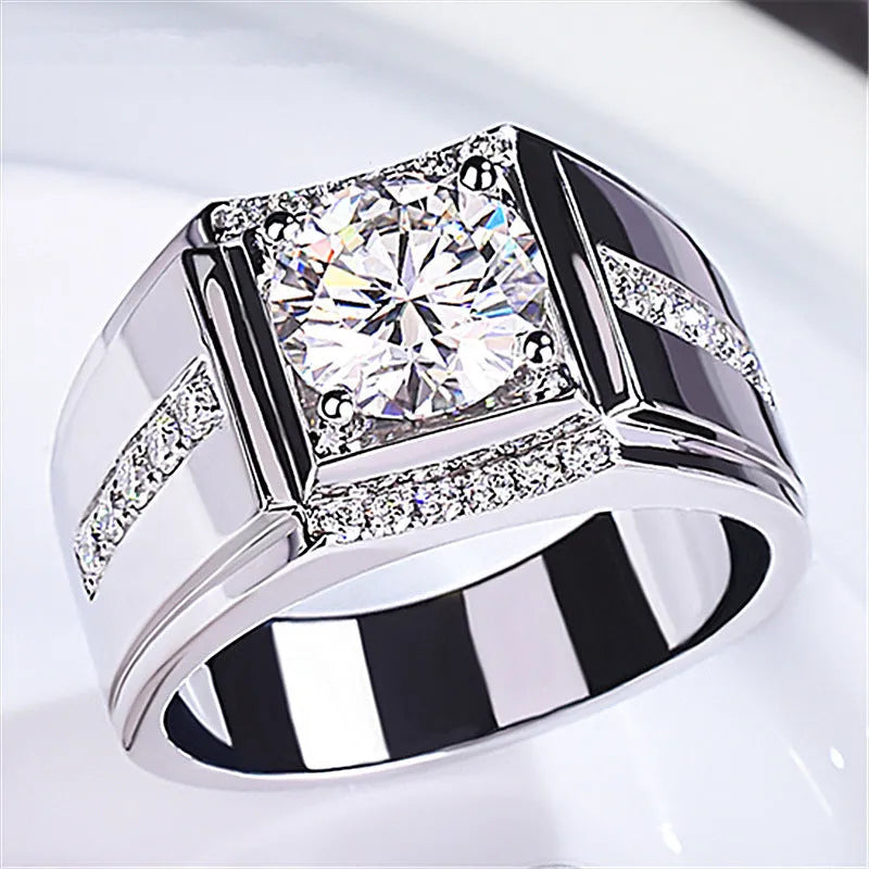 Men's adjustable open mouth ring with a geometric diamond zircon setting in a choice of metallic finishes.