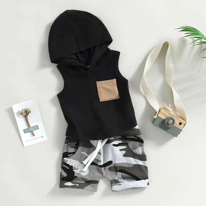 Boys' black hooded vest and shorts set in knitted cotton, sizes 70cm to 110cm, two-piece outfit