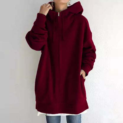 Women's fuzzy full-zip hoodie in various colors, perfect for cool weather comfort and style.