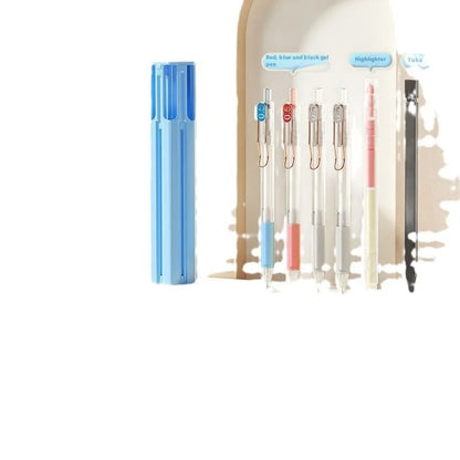 Pressing pen and plastic pencil box organiser set in sky blue, white, or pink colour options.