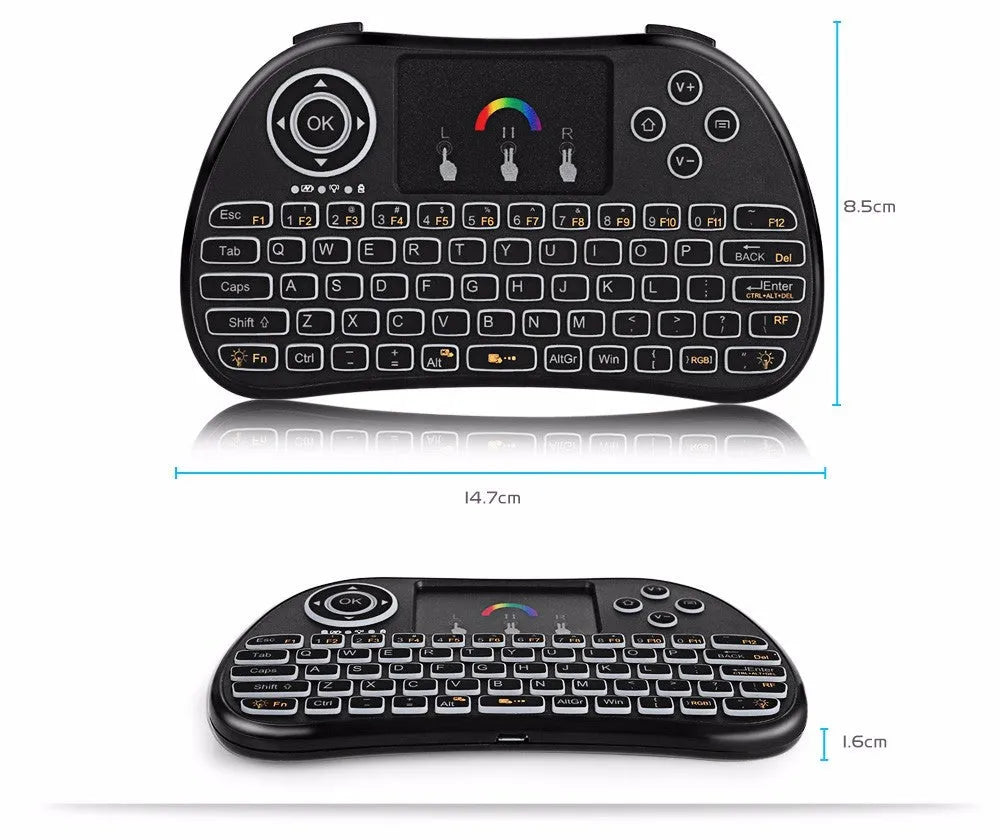 H9 wireless backlit touch remote control keyboard with colourful keys and white backlight, compact 14x9.1x1.7cm design.
