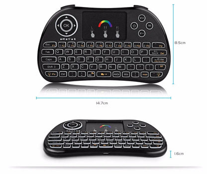 H9 wireless backlit touch remote control keyboard with colourful keys and white backlight, compact 14x9.1x1.7cm design.