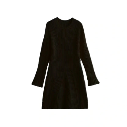 A stylish ribbed knit dress in a variety of classic colors, featuring a slim-fit silhouette and a chic stand-up collar for a flattering, versatile look.