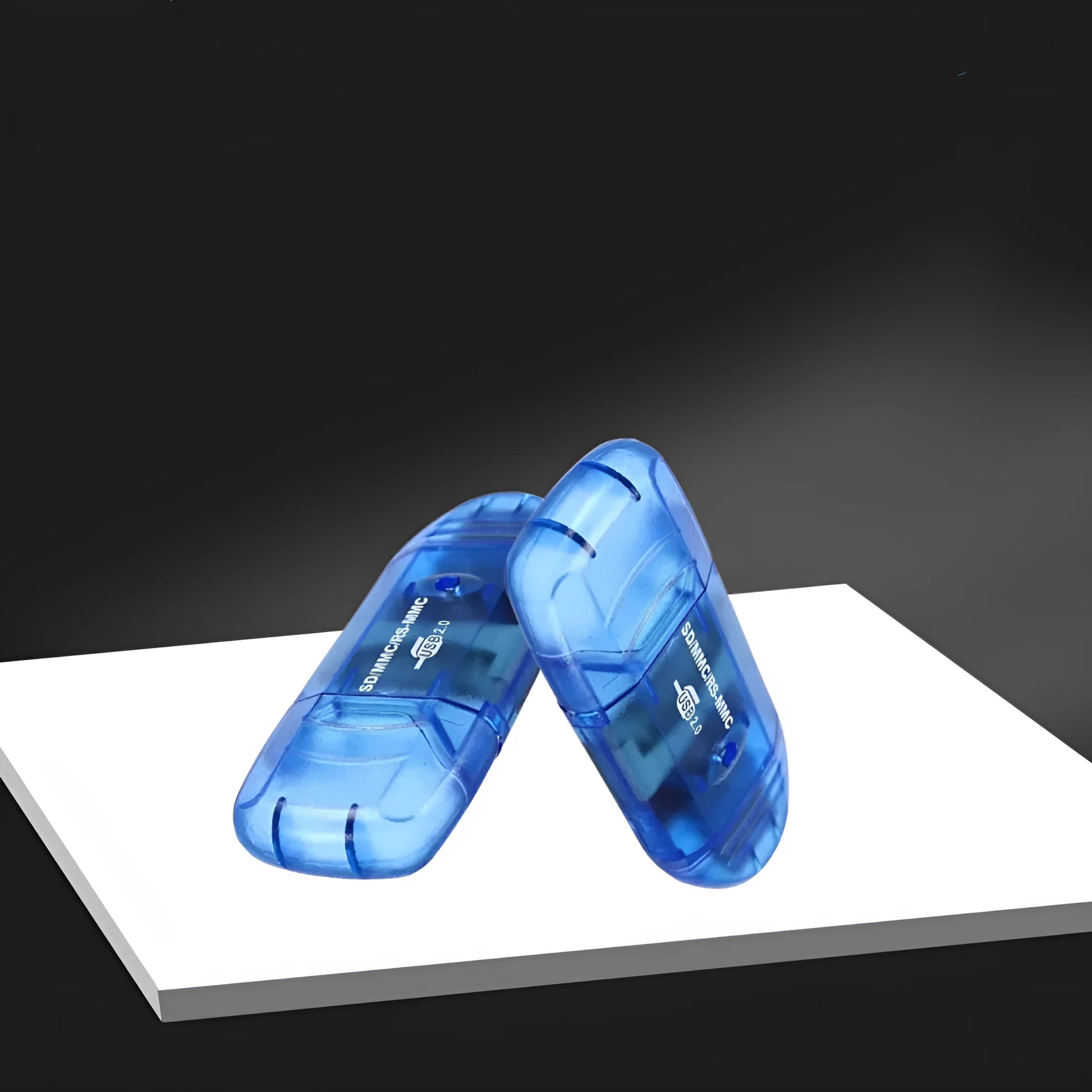 Transparent plastic USB card reader with LED light option, measuring 7.5 inches in length.