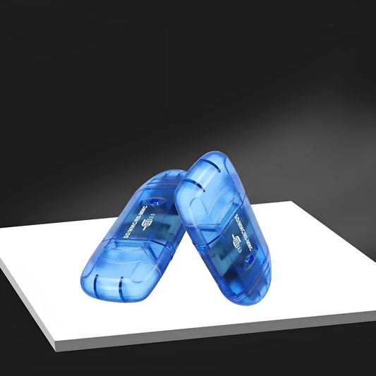 Transparent plastic USB card reader with LED light option, measuring 7.5 inches in length.