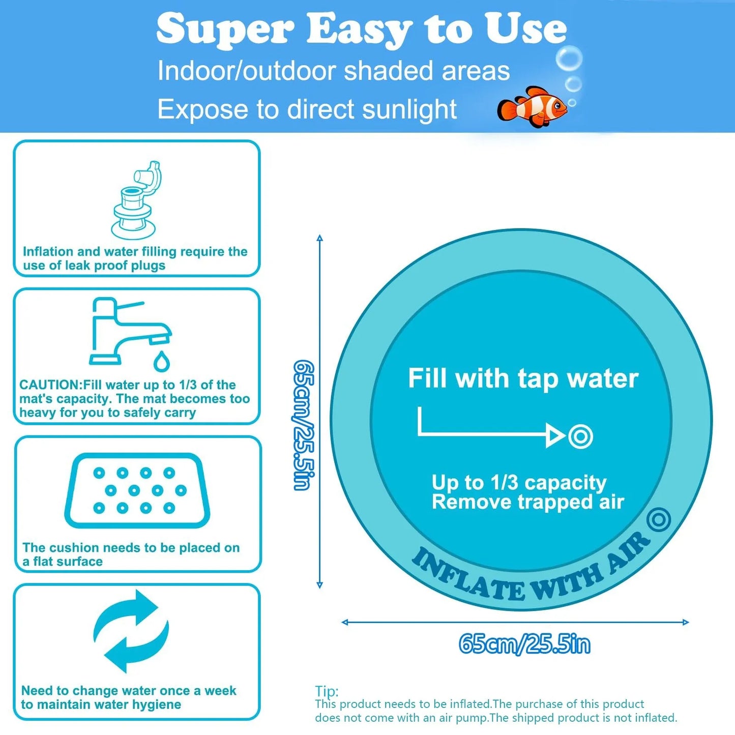 Thickened PVC water sensory playmat for pets with ocean fish design and floating toys.