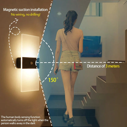 Black right-angle motion-sensing wall lamp with USB charging port and acrylic shade