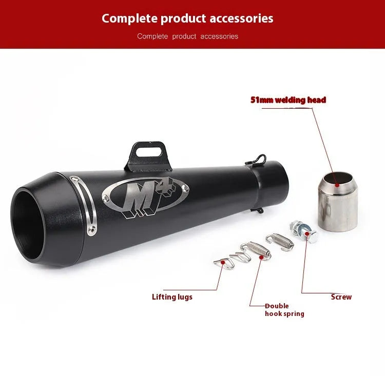 Universal M4 motorcycle exhaust pipe in various finishes including black, titanium, and half blue with back pressure options