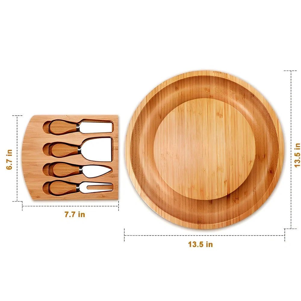 Round bamboo cheese board 25cm with knife on wooden table