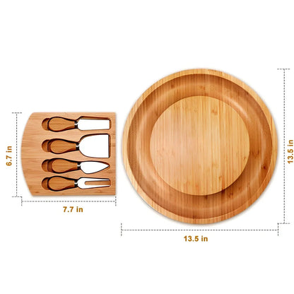 Round bamboo cheese board 25cm with knife on wooden table