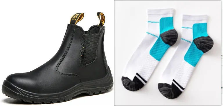 Black leather high-top safety work boots with anti-piercing sole on a worksite background.