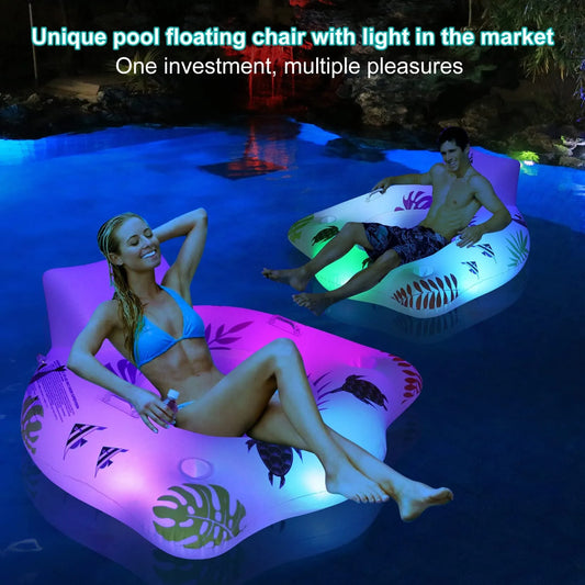 White U-shaped inflatable float with LED lights, dimensions 120x120cm, on water