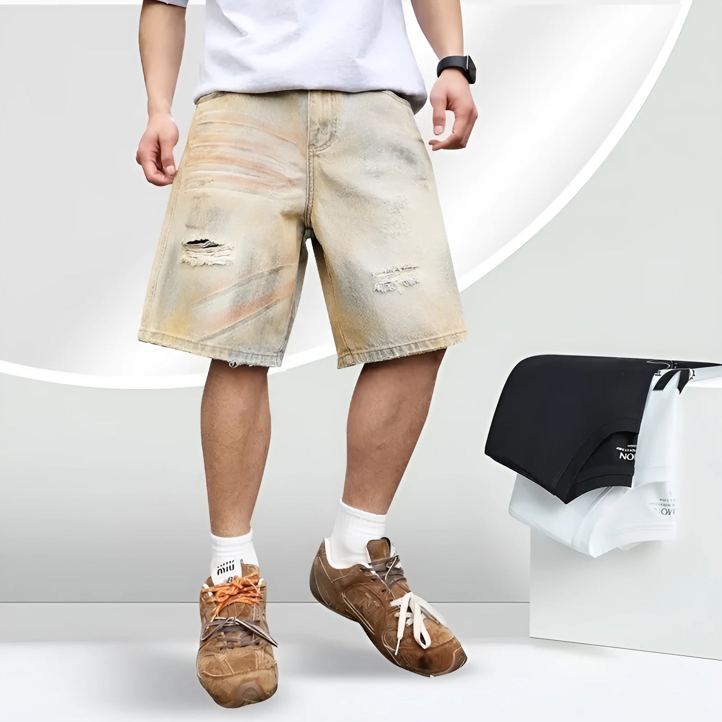 Men's light blue ripped denim shorts with straight-leg style and mid-waist design