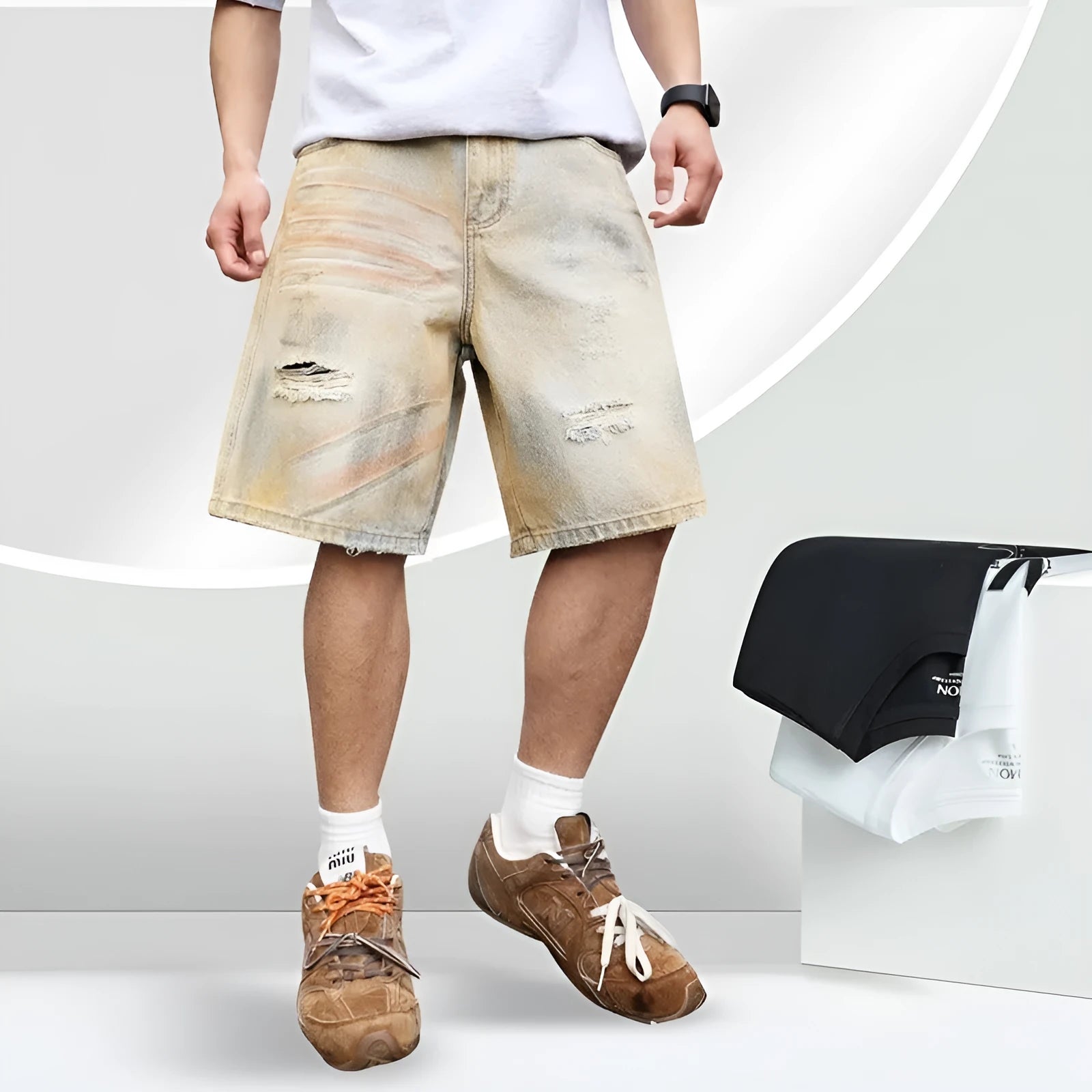 Men's light blue ripped denim shorts with straight-leg style and mid-waist design