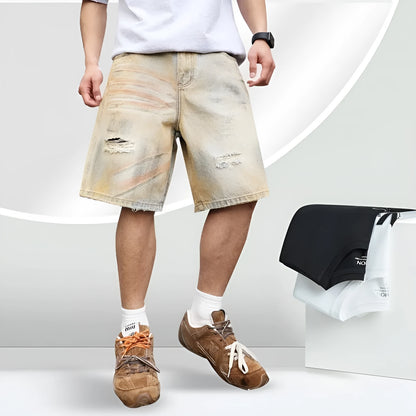 Men's light blue ripped denim shorts with straight-leg style and mid-waist design