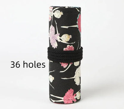 Canvas rolling pencil case with ballet girl print showing elastic loops for pencil storage