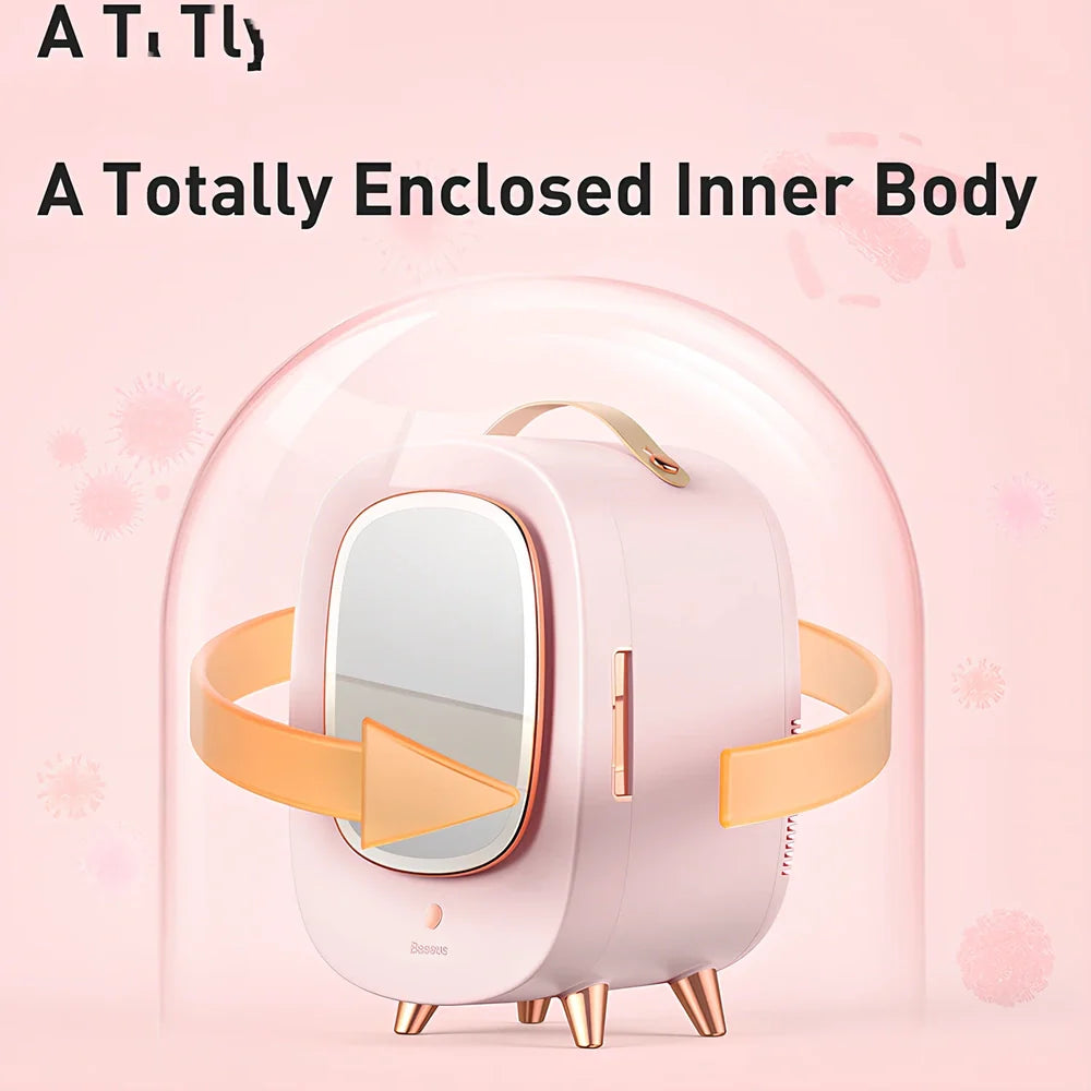 Pink makeup refrigerator with 13-litre capacity for cosmetic storage measuring 440mm wide