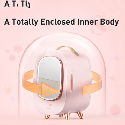 Pink makeup refrigerator with 13-litre capacity for cosmetic storage measuring 440mm wide