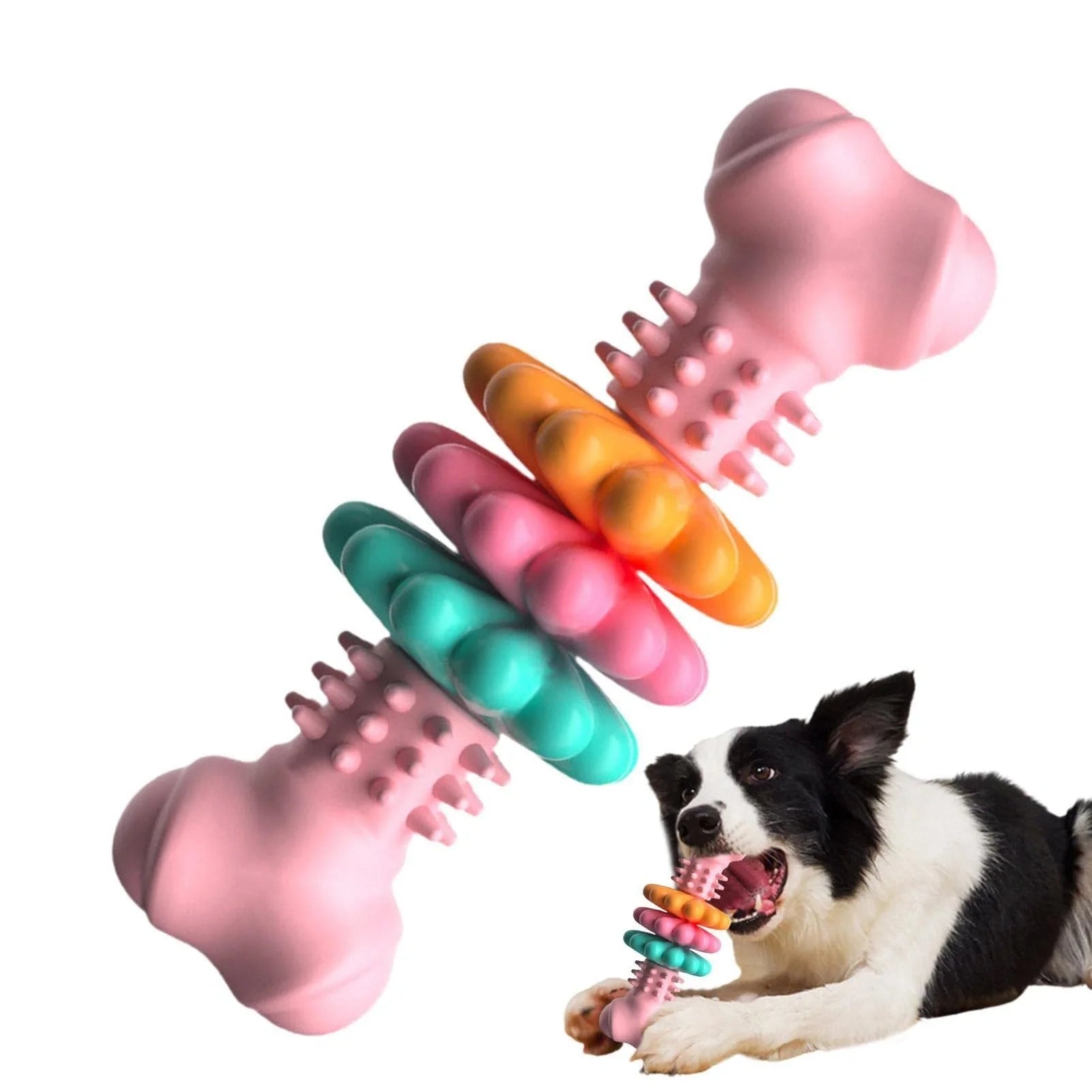 Durable TPR dog chew bone in blue, pink, or green for teeth cleaning and stress relief