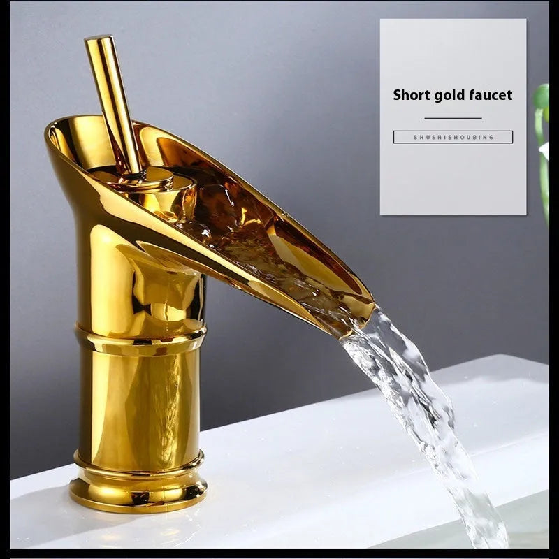 Brass basin faucet with a wine glass shaped spout in a choice of black, gold, or silver finish.