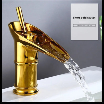 Brass basin faucet with a wine glass shaped spout in a choice of black, gold, or silver finish.