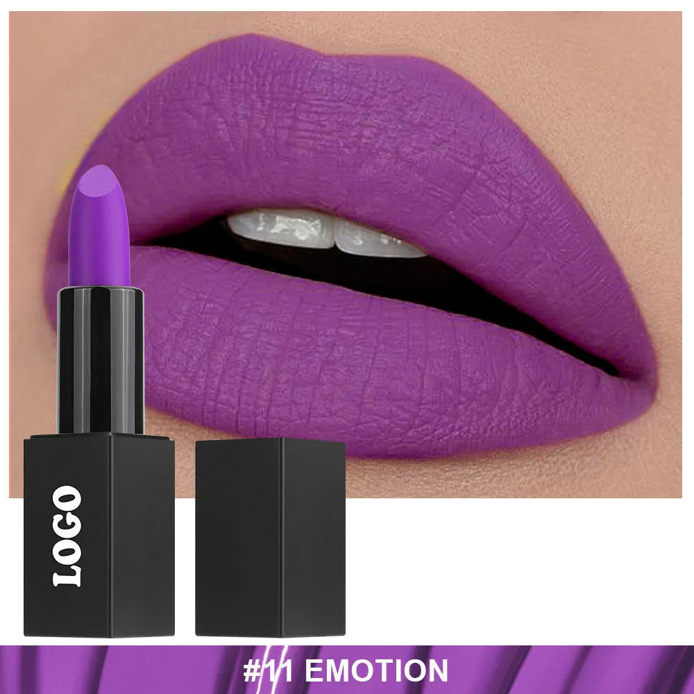 Beauty Does Not Fade matte finish lipstick in nonstick cup packaging, showing range of 24 colour shades.