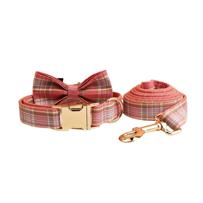 Plaid pet collar dog leash traction rope set in cloth material available in sizes XS XL for dogs includes dog collar leash bow vest for weddings parties Christmas Valentine's Day gifts